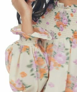 Entro Light Sand Floral Print Smocked Yoke Blouse