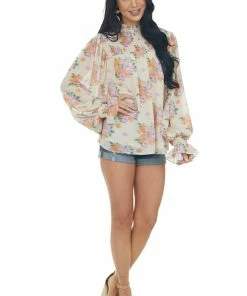 Entro Light Sand Floral Print Smocked Yoke Blouse