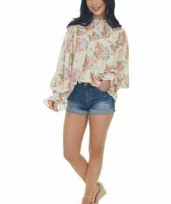 Entro Light Sand Floral Print Smocked Yoke Blouse