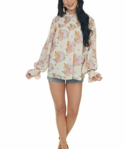Entro Light Sand Floral Print Smocked Yoke Blouse