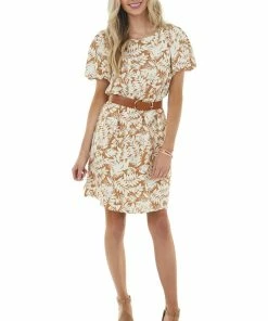 Ces Femme Light Sepia Leaf Print Woven Dress With Short Puff Sleeves Dresses 21 Ces Femme Light Sepia Leaf Print Woven Dress With Short Puff Sleeves Dresses