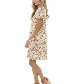 Ces Femme Light Sepia Leaf Print Woven Dress With Short Puff Sleeves Dresses 23 Ces Femme Light Sepia Leaf Print Woven Dress With Short Puff Sleeves Dresses