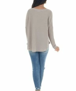 Sweet Lovely Light Taupe Raw Edge V Neck Waffle Knit Top Tops