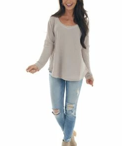 Sweet Lovely Light Taupe Raw Edge V Neck Waffle Knit Top Tops