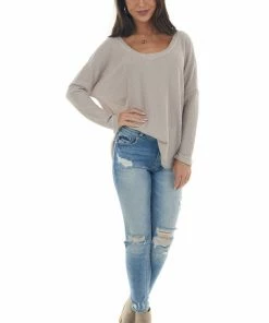 Sweet Lovely Light Taupe Raw Edge V Neck Waffle Knit Top Tops