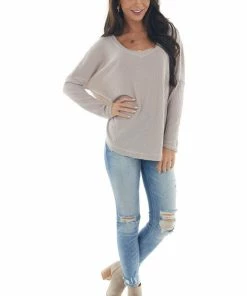 Sweet Lovely Light Taupe Raw Edge V Neck Waffle Knit Top Tops
