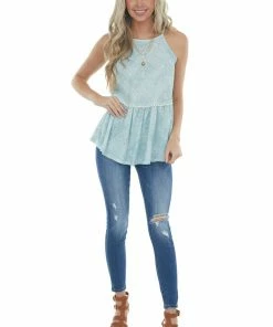 Twenty Second Light Teal Paisley Print Halter Neck Drop Waist Knit Top Tops