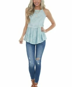 Twenty Second Light Teal Paisley Print Halter Neck Drop Waist Knit Top Tops