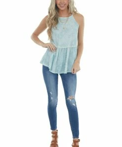 Twenty Second Light Teal Paisley Print Halter Neck Drop Waist Knit Top Tops