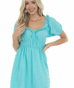 143 Story Light Teal Ruffle Detail Woven Short Dress Dresses