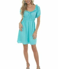 143 Story Light Teal Ruffle Detail Woven Short Dress Dresses 14 143 Story Light Teal Ruffle Detail Woven Short Dress Dresses