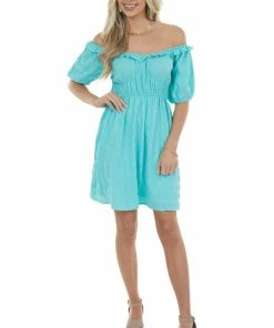 143 Story Light Teal Ruffle Detail Woven Short Dress Dresses 15 143 Story Light Teal Ruffle Detail Woven Short Dress Dresses
