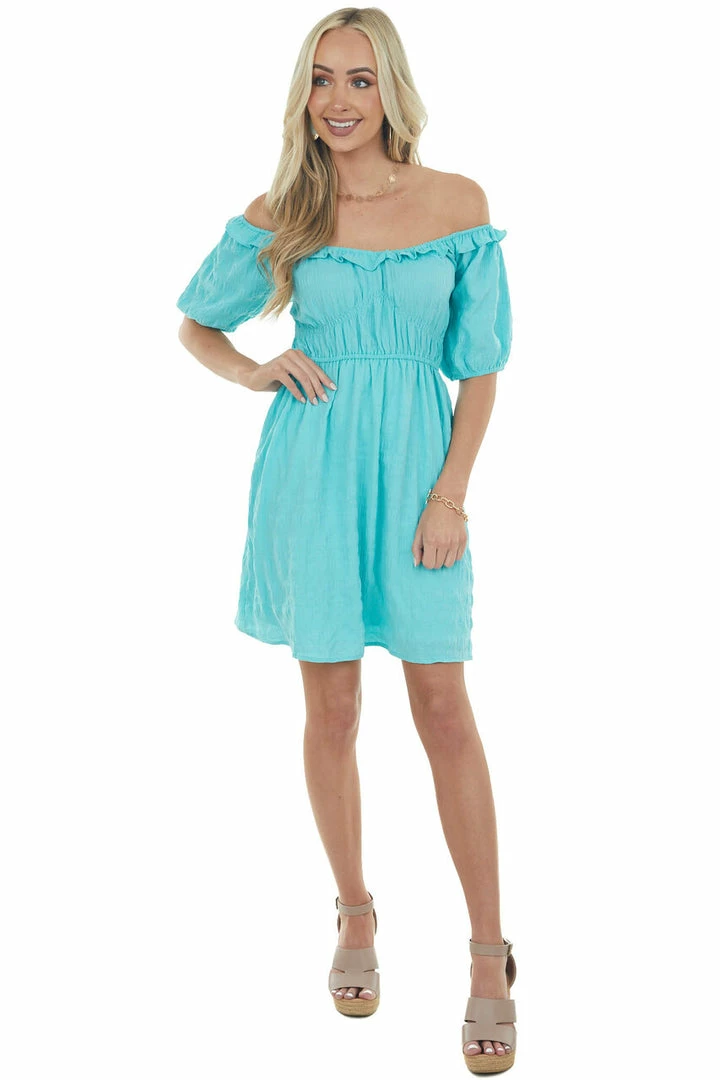 143 Story Light Teal Ruffle Detail Woven Short Dress Dresses 6 143 Story Light Teal Ruffle Detail Woven Short Dress Dresses