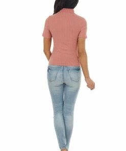 Peach Love Light Terracotta Chest Cut Out Mock Neckline Ribbed Knit Top Tops