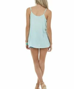 Davi & Dani Light Turquoise Button Down Tank Top With Crochet Details Tops
