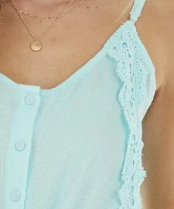 Davi & Dani Light Turquoise Button Down Tank Top With Crochet Details Tops