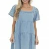 Umgee Dresses Light Vintage Wash Tiered Babydoll Denim Dress