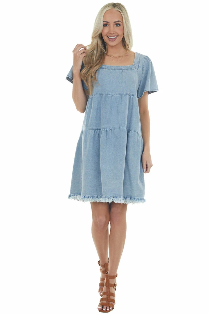 Umgee Dresses Light Vintage Wash Tiered Babydoll Denim Dress 5 Umgee Dresses Light Vintage Wash Tiered Babydoll Denim Dress