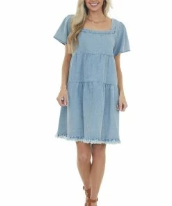 Umgee Dresses Light Vintage Wash Tiered Babydoll Denim Dress