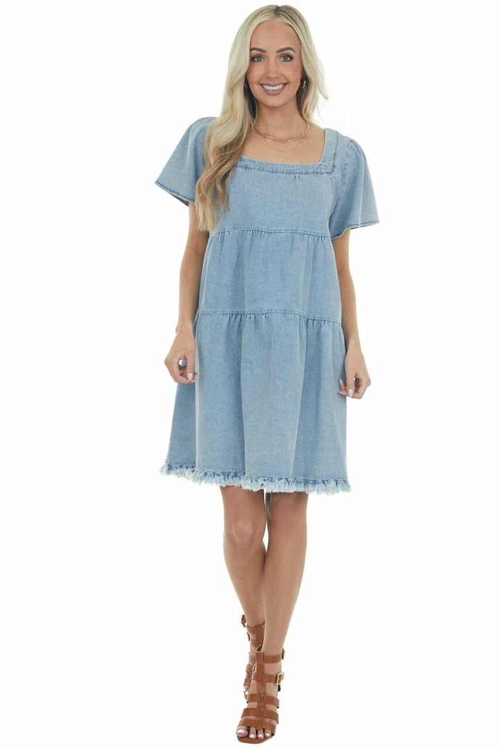 Umgee Dresses Light Vintage Wash Tiered Babydoll Denim Dress 4 Umgee Dresses Light Vintage Wash Tiered Babydoll Denim Dress