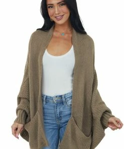 Davi & Dani Light Walnut Draped Dolman Sleeve Cardigan