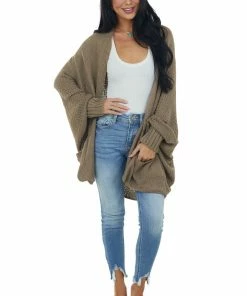 Davi & Dani Light Walnut Draped Dolman Sleeve Cardigan