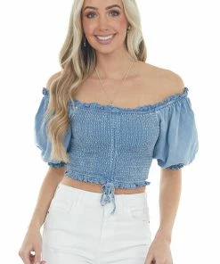 She + Sky Light Wash Chambray Smocked Crop Top With Ruching Detail