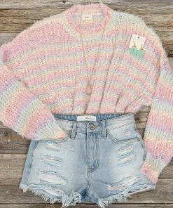 KanCan Light Wash Denim Distressed Shorts With Pastel Print Tears Bottoms