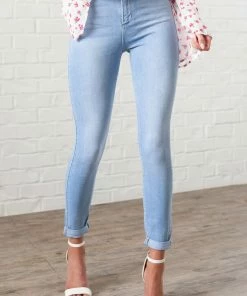 Cello Jeans Bottoms Light Wash Denim Mid Rise Jeans With Rolled Cuffs