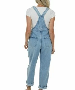 KanCan Light Wash Distressed Knee Wide Leg Denim Overalls Dresses