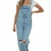 KanCan Light Wash Distressed Knee Wide Leg Denim Overalls Dresses