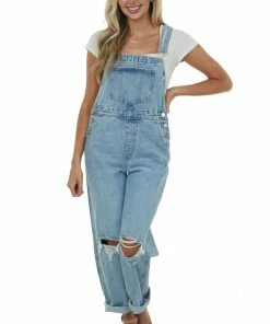 KanCan Light Wash Distressed Knee Wide Leg Denim Overalls Dresses