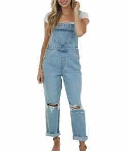 KanCan Light Wash Distressed Knee Wide Leg Denim Overalls Dresses