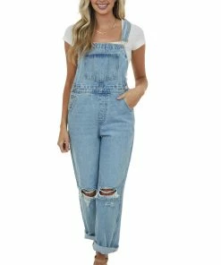KanCan Light Wash Distressed Knee Wide Leg Denim Overalls Dresses
