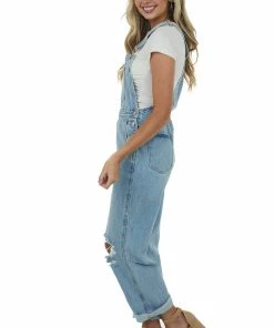 KanCan Light Wash Distressed Knee Wide Leg Denim Overalls Dresses