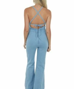 Flying Tomato Light Wash Halter Neck Flare Leg Denim Jumpsuit Dresses