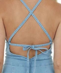 Flying Tomato Light Wash Halter Neck Flare Leg Denim Jumpsuit Dresses