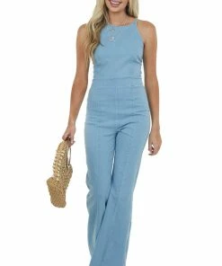 Flying Tomato Light Wash Halter Neck Flare Leg Denim Jumpsuit Dresses