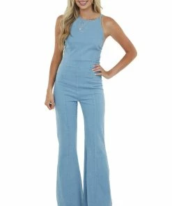 Flying Tomato Light Wash Halter Neck Flare Leg Denim Jumpsuit Dresses