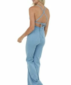 Flying Tomato Light Wash Halter Neck Flare Leg Denim Jumpsuit Dresses