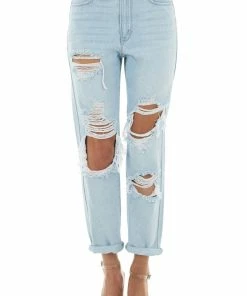 Just Panmaco Bottoms Light Wash High Rise Boyfriend Heavy Distressed Denim Jeans