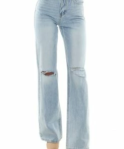 Vervet Bottoms Light Wash High Rise Distressed Knee Mom Jeans