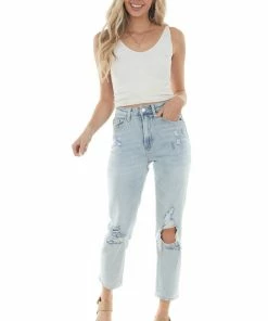 Vervet Bottoms Light Wash High Rise Distressed Mom Jeans