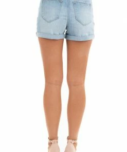 KanCan Light Wash High Waisted Denim Shorts With Cuffed Hem