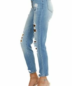 KanCan Bottoms Light Wash High Rise Boyfriend Jeans With Leopard Patches