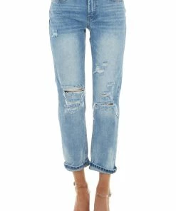 Special A Bottoms Light Wash Mid Rise Distressed Cuffed Jeans With Relaxed Fit