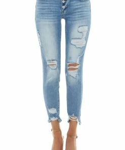 American Fit Bottoms Light Wash Mid Rise Distressed Skinny Jeans With Buttons