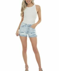 American Fit Light Washed High Rise Button Fly Torn Shorts