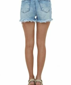Risen Light Washed High Rise Frayed Denim Shorts