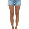 Risen Light Washed High Rise Frayed Denim Shorts